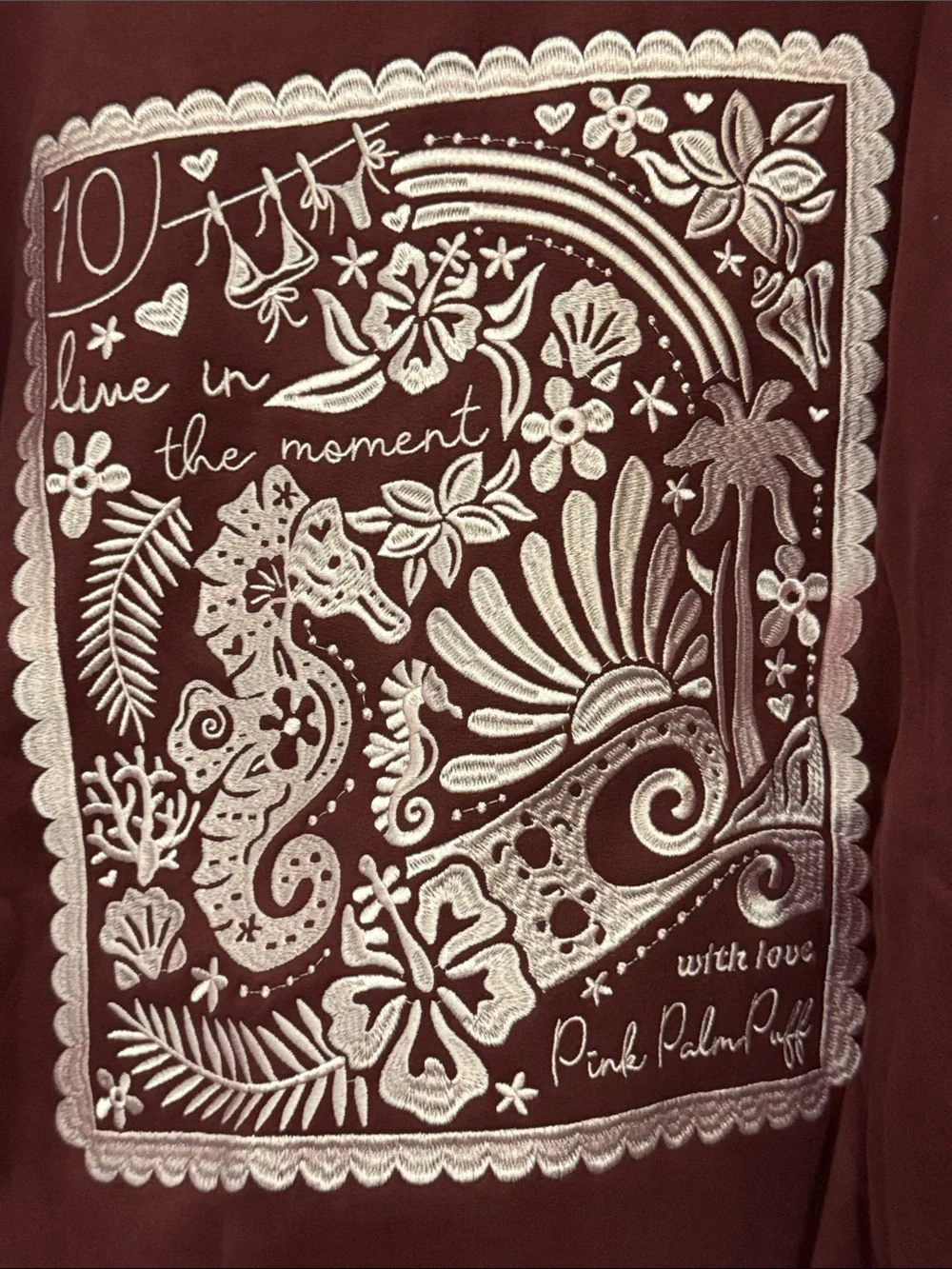 Pink Palm Puff Women's Maroon Hoodie - Picture 9 of 12